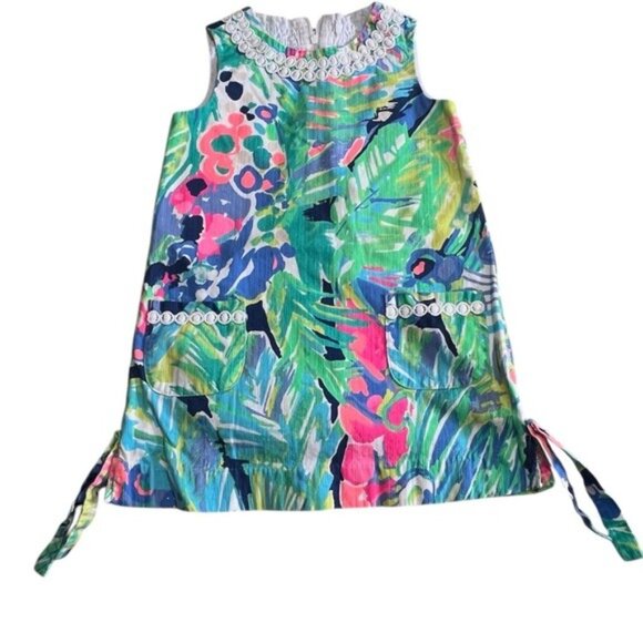Lilly Pulitzer Girls Size 4 Tropical Print Shift Dress With Embellished Details - Picture 1 of 7